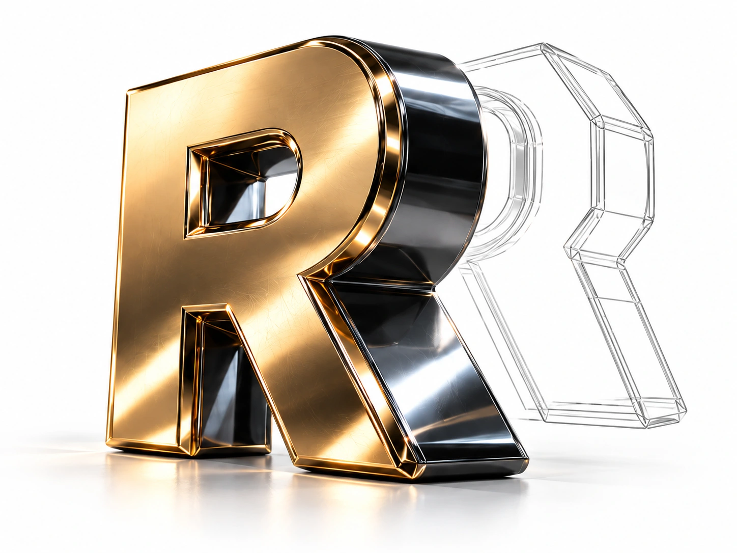 Illustrative separated front, bevel, side, and back of a 3D letter R.