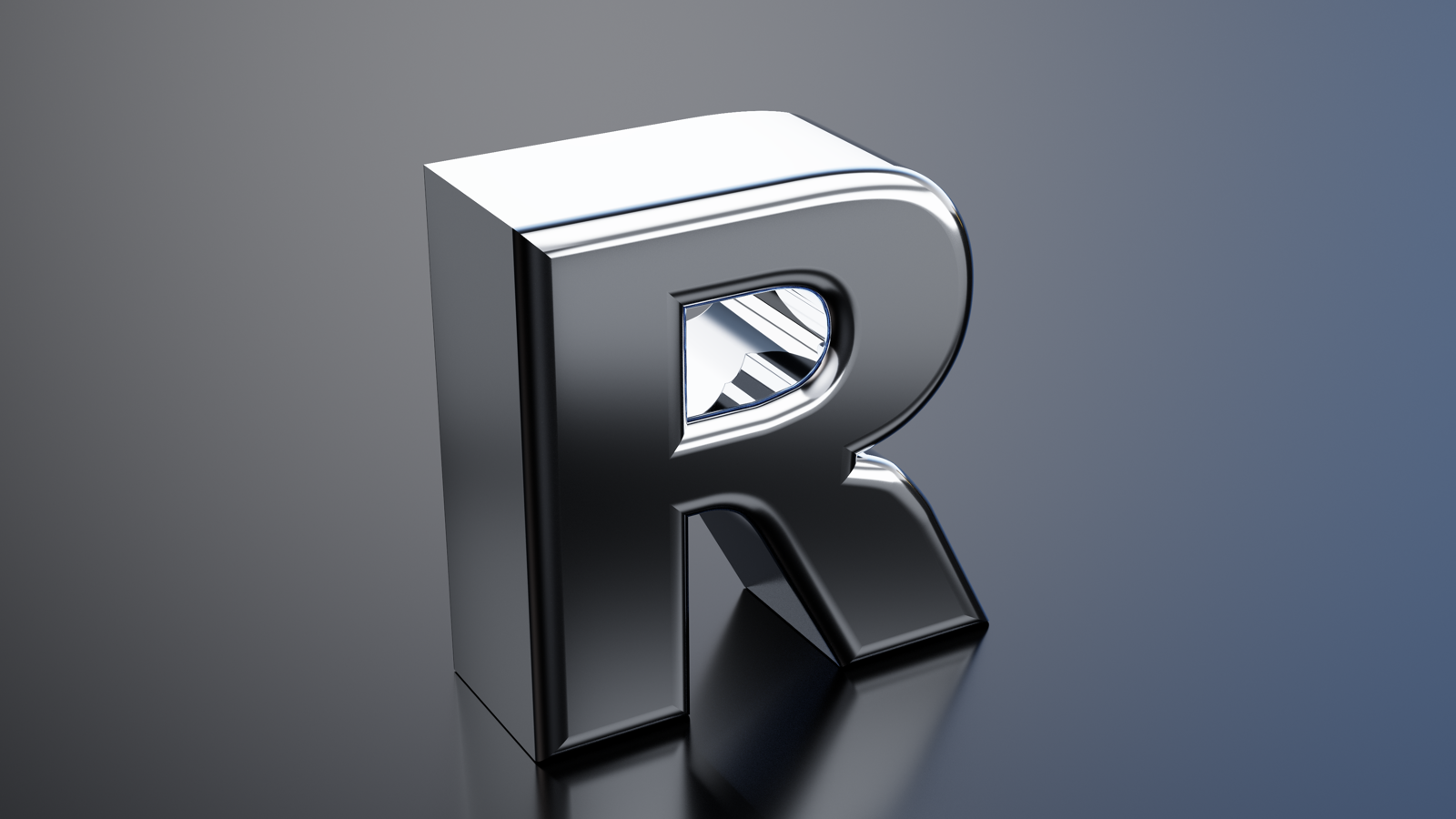 Chrome R rendered by the native core, showing extrusion, a beveled front edge and reflection. After Effects validation pending.